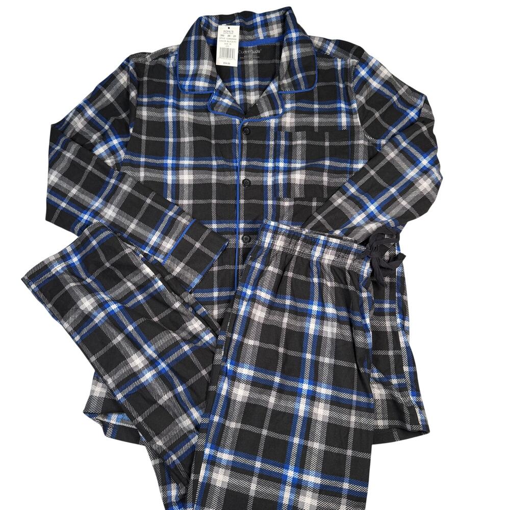 Cuddl Duds Pajama Set Women's Medium 2 Piece Black Blue Plaid Soft Winter NWT